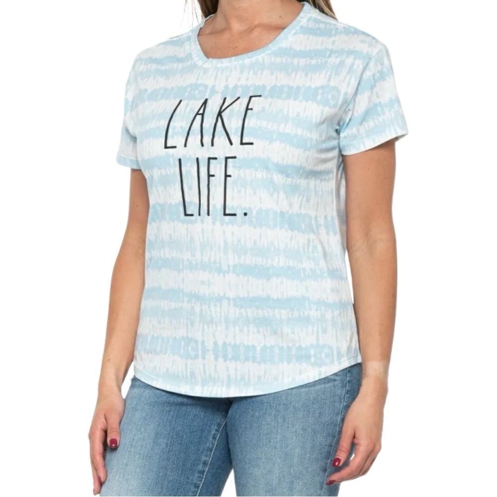 Rae Dunn Women's Lake Life Blue Stripe Tie-Dye Short Sleeve T Shirt Size M